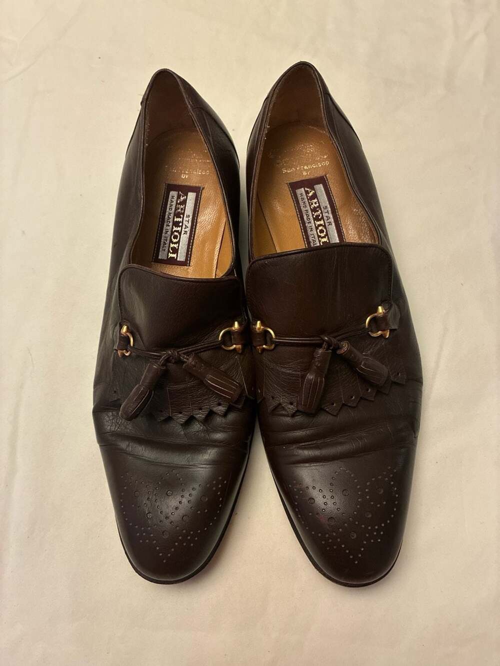Vintage Artioli Star Brown Leather Brogue Tassel Loafers Hand Made in Italy